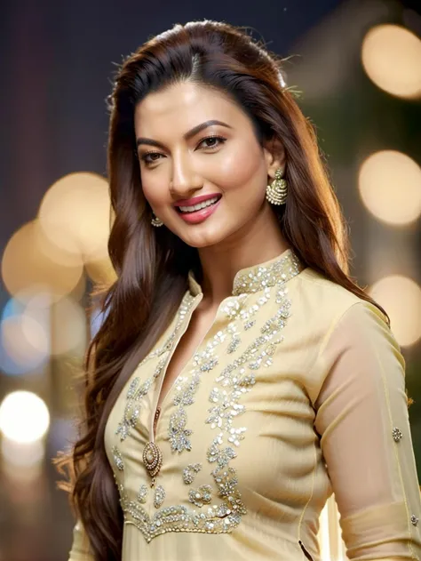 Highres photo of a 30 year old woman, gauhar khan, solo, with long straight hair, smiling, wearing high collar (salwar_kameez:1.2), night time, city lights beautiful bokeh <lora:Gauhar_Khan_SDXL:1>