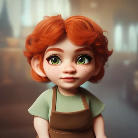 (((beautiful, high quality))), portrait, score_9, score_8_up, score_7_up, Gnome, short stature, big round ears, 1girl, red hair, freckles, green eyes, light green T-shirt, brown apron, fantasy background, blurred background