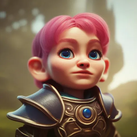 (((beautiful, high quality))), portrait, score_9, score_8_up, score_7_up, Gnome, short stature, big round ears, 1girl, pink hair, blue eyes, armor, fantasy background, blurred background