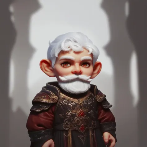 (((beautiful, high quality))), portrait, score_9, score_8_up, score_7_up, Gnome, short stature, big round ears, 1boy, white hair, white mustache, red, fantasy clothes, black cheat clothes, fantasy background, blurred background