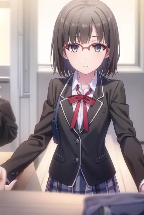 hinaebina, <lora:hina ebina s2-lora-nochekaiser:1>,
hina ebina, short hair, brown hair, black hair, (brown eyes:1.5), glasses,
BREAK skirt, ribbon, school uniform, jacket, black jacket, plaid, plaid skirt, blazer, sobu high school uniform,
BREAK indoors, classroom,
BREAK looking at viewer,
BREAK <lyco:GoodHands-beta2:1>, (masterpiece:1.2), best quality, high resolution, unity 8k wallpaper, (illustration:0.8), (beautiful detailed eyes:1.6), extremely detailed face, perfect lighting, extremely detailed CG, (perfect hands, perfect anatomy),