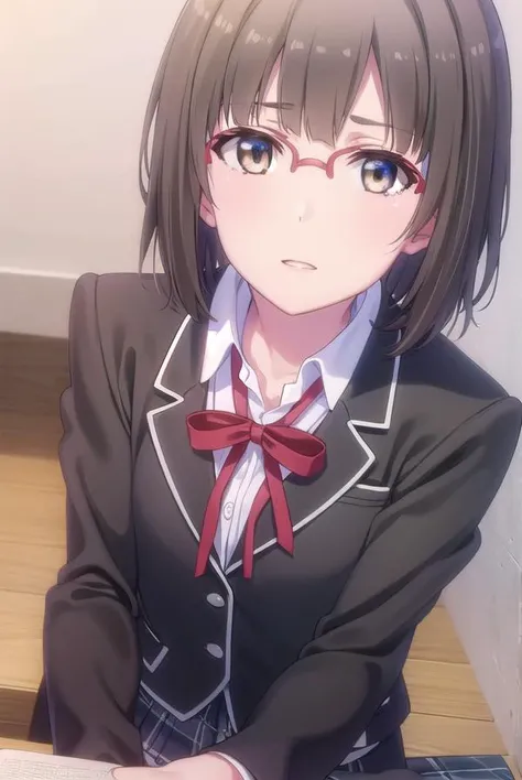 hinaebina, <lora:hina ebina s2-lora-nochekaiser:1>,
hina ebina, short hair, brown hair, black hair, (brown eyes:1.5), glasses,
BREAK skirt, ribbon, school uniform, jacket, black jacket, plaid, plaid skirt, blazer, sobu high school uniform,
BREAK indoors, classroom,
BREAK looking at viewer,
BREAK <lyco:GoodHands-beta2:1>, (masterpiece:1.2), best quality, high resolution, unity 8k wallpaper, (illustration:0.8), (beautiful detailed eyes:1.6), extremely detailed face, perfect lighting, extremely detailed CG, (perfect hands, perfect anatomy),