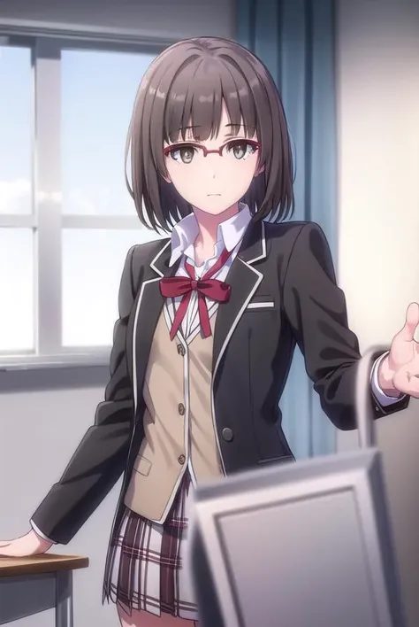 hinaebina, <lora:hina ebina s2-lora-nochekaiser:1>,
hina ebina, short hair, brown hair, black hair, (brown eyes:1.5), glasses,
BREAK skirt, ribbon, school uniform, jacket, black jacket, plaid, plaid skirt, blazer, sobu high school uniform,
BREAK indoors, classroom,
BREAK looking at viewer,
BREAK <lyco:GoodHands-beta2:1>, (masterpiece:1.2), best quality, high resolution, unity 8k wallpaper, (illustration:0.8), (beautiful detailed eyes:1.6), extremely detailed face, perfect lighting, extremely detailed CG, (perfect hands, perfect anatomy),
