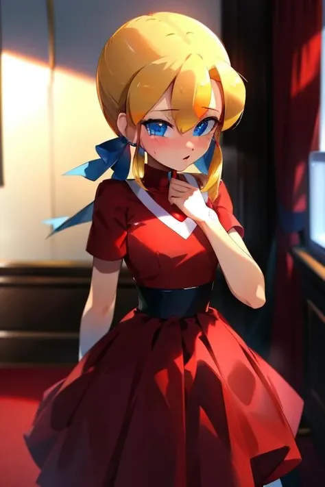<lora:konpeto-05:1>blonde hair, blue eyes, red dress, roll (mega man), masterpiece, best quality