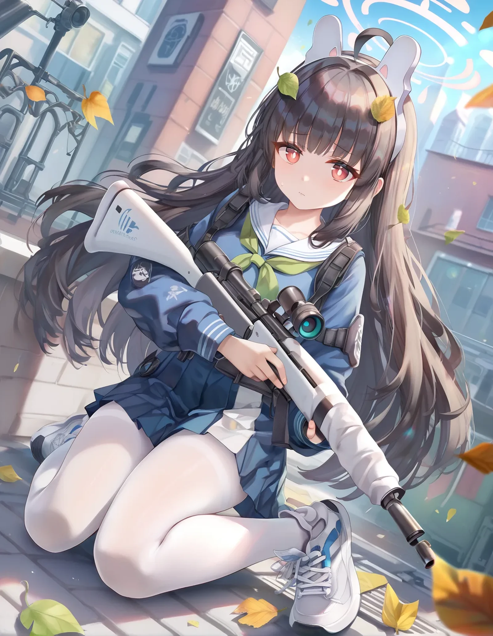 score_9, score_8_up, score_7_up, score_6_up, a girl on a rooftop, holding an (sniper rifle:1.2), dutch angle, wind lift, <lora:torino_aqua_style_pony6_v1-000038:1> <lora:miyu_blue archive_PONY_last:0.6>, miyu \(blue archive\),red eyes,black hair,long hair,leaf on head,ahoge,fake animal ears,halo,sailor collar, green neckerchief,pleated skirt, white pantyhose, sneakers