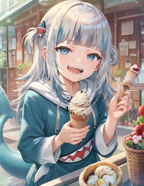 score_9, score_8_up, score_7_up, score_6_up, 1girl, summer, eating ice cream, smug, pitvinm, blue hoodie, shark tail, sharp teeth, hood up, 
 <lora:torino_aqua_style_pony6_v1-000038:1>