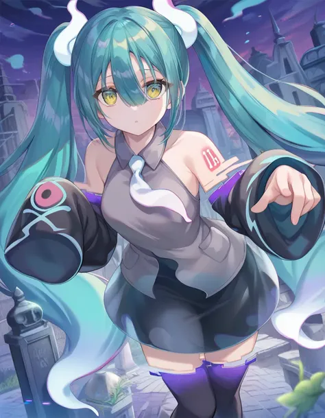 score_9, score_8_up, score_7_up, score_6_up, 1girl, floating in a graveyard, nigh time,ghost pose, looking at viewer, 
 <lora:torino_aqua_style_pony6_v1-000038:1>  <lora:projectvoltage_ghostmiku_ponyXL:0.8> ghostmiku, pale skin, twintails, glitch, grey shirt, sleeveless shirt, white necktie, black sleeves, detached sleeves, print sleeves, sleeves past fingers, black skirt, see-through skirt, black thighhighs, bare shoulders