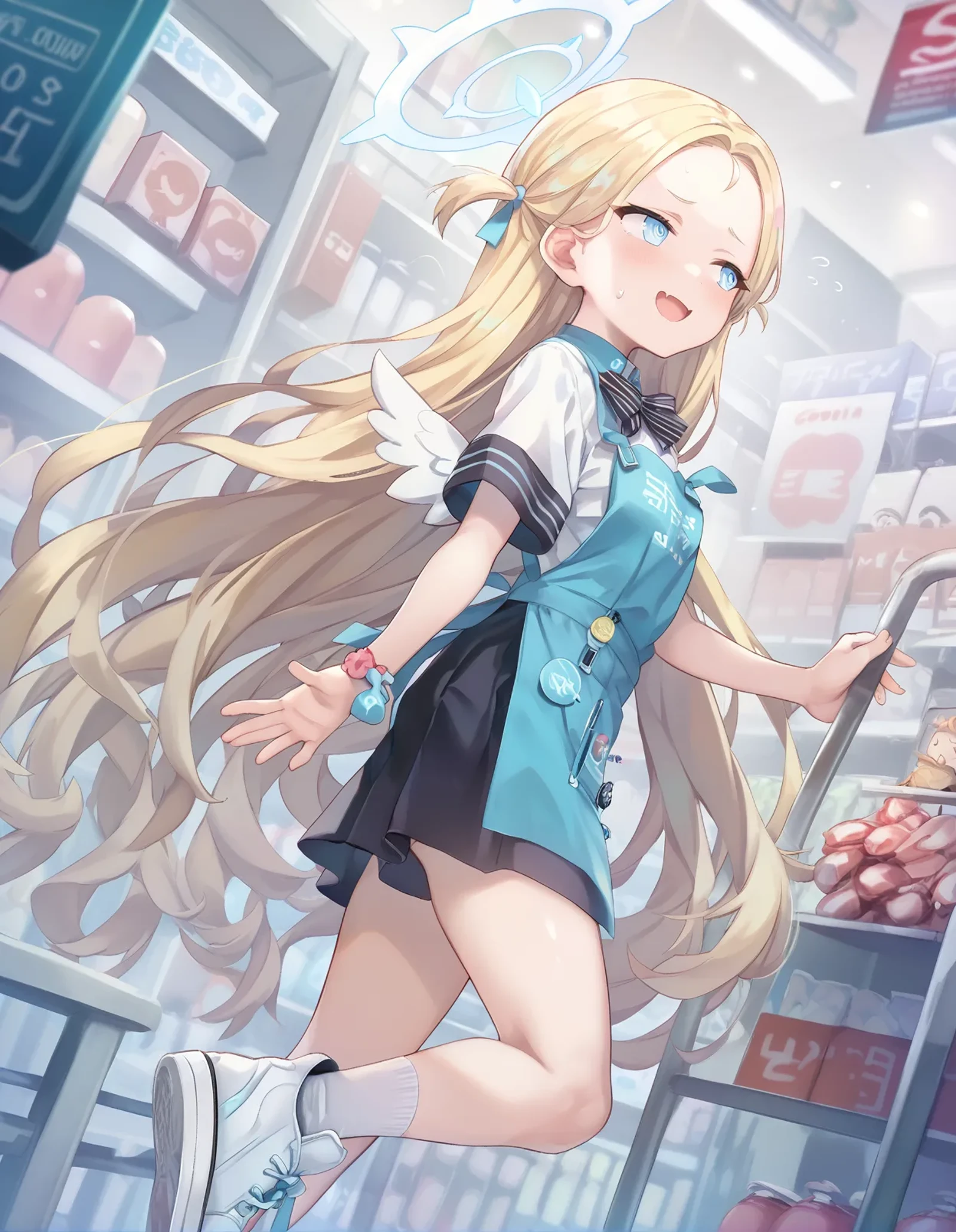 score_9, score_8_up, score_7_up, score_6_up, a girl in a convenience store, , dutch angle, from side, (looking away:1.2), half-closed eyes, smug, open mouth, nervous smile,
<lora:torino_aqua_style_pony6_v1-000038:1> <lora:sora_blue archive_PONY_last:0.8> sora-default,, sora \(blue archive\),blue eyes,blonde hair, long hair,forehead,halo,wings,blue apron,white shirt,skirt, white socks,sneakers