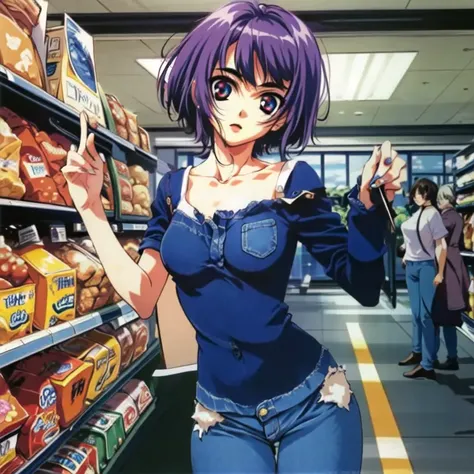 1girl, collarbone, impossible clothes, masterpiece, best quality, extremely detailed 8K wallpaper,, ultra detailed, volumetric lighting, best anatomy, detailed eyes, beautiful eyes, best shadow, ultra detailed, <lora:meifon:1>, meifon, cowboy shot, grocery store, aisle, (blue jeans:1.5), (black shirt:1.4)