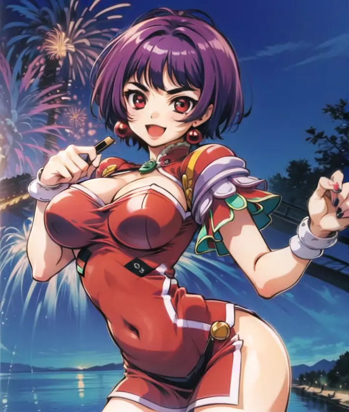 1girl, masterpiece, best quality, extremely detailed 8K wallpaper, ultra detailed, volumetric lighting, light, shinny, best anatomy, detailed eyes, beautiful eyes, best shadow, ultra detailed, <lora:meifon-000025:1>, meifon, breasts, looking_at_viewer, smile, short_hair, open_mouth, bangs, red_eyes, jewelry, purple_hair, earrings, choker, nail_polish, makeup, lipstick, purple chinese dress, tight dress, skin tight , festival, fireworks, night