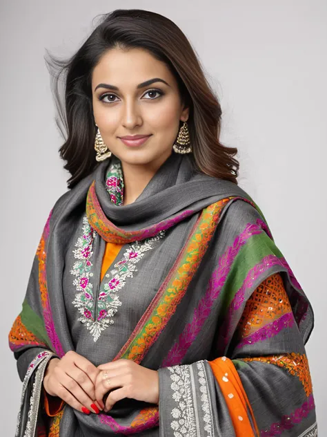 professional portrait photo, fully dressed, stunning looking, 25-year-old, wearing colorful Charcoal Kashmiri Pashmina Suit, simple white matte background, desilatte