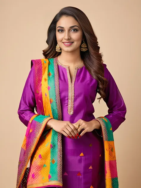 professional portrait photo, fully dressed, pretty, 25-year-old, wearing colorful Plum Phulkari Suit, flat matte background, desimocha