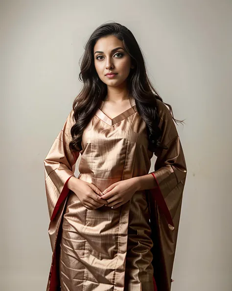 professional portrait photo, fully dressed, beautiful, 25-year-old, wearing colorful Rose Mekhela Chador (Assamese traditional attire), flat matte background, desiespresso