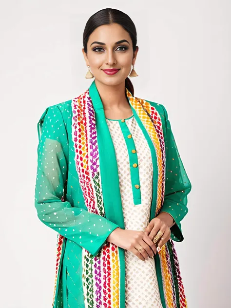 professional portrait photo, fully dressed, pretty, 25-year-old, wearing colorful Sage Phulkari Suit, simple white matte background, desiespresso