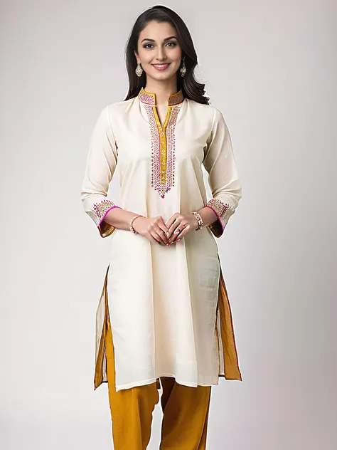 professional portrait photo, fully dressed, plain, 25-year-old, wearing colorful Ivory Pants_kurta, simple white matte background, desilatte