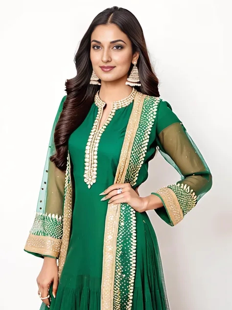 professional portrait photo, fully dressed, beautiful, 25-year-old, wearing intricate Forest Green Gota Patti Suit (Rajasthani embellished dress), simple white matte background, desiespresso