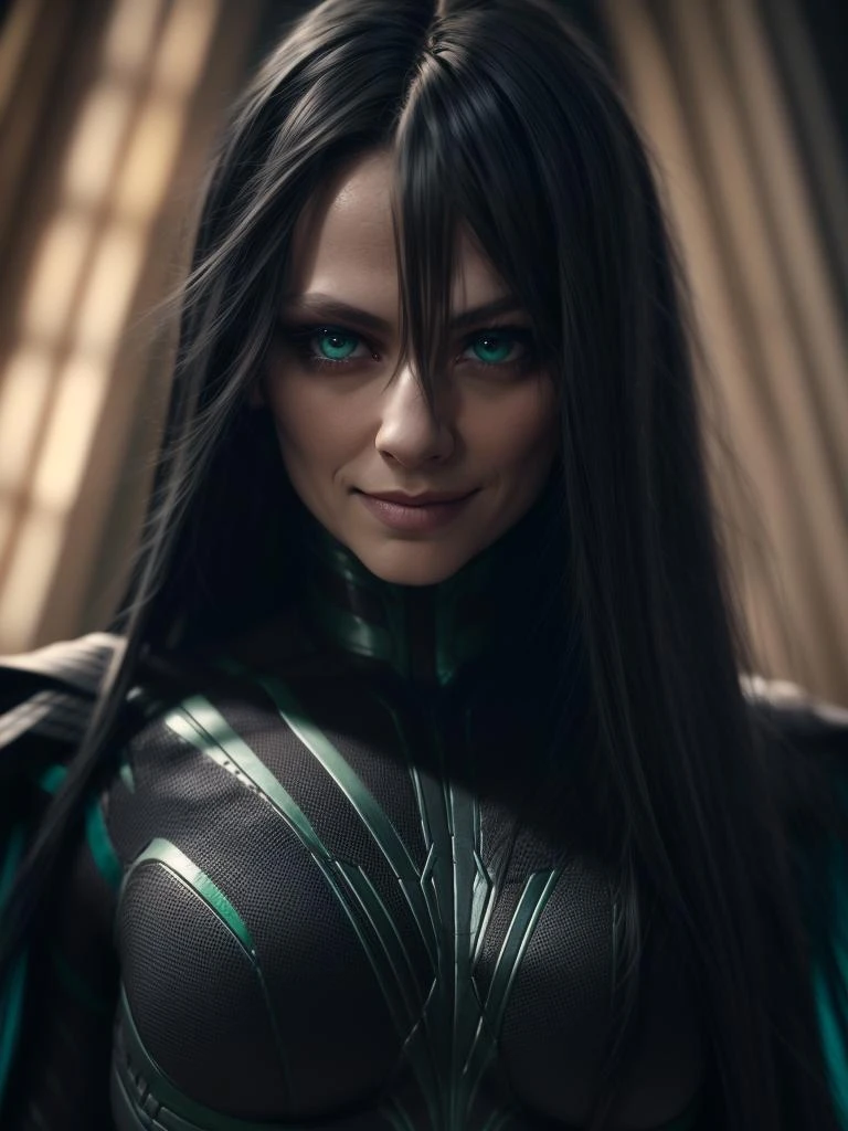 RAW photo, (high detailed skin, detailed eyes:1.1), intricate details, best quality, 8k uhd, soft lighting, Hela, 1girl, solo, smile, no headwear, green eyes, black hair <lora:Hela:0.8>