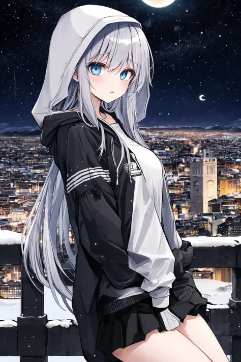 star_(sky), starry_sky, rating:safe, night_sky, night, shooting_star, sky, 1girl, building, skyscraper, cityscape, space, tower, cloud, planet, constellation, city_lights, snowing, city, snow, long_hair, milky_way, solo, moon, clock_tower, twilight, starry_sky_print, skyline, aurora, outdoors, blue_eyes, earth_(planet), crescent_moon, castle, galaxy, cloudy_sky, hood, looking_at_viewer, lamppost, light_particles, town, very_long_hair, bridge, bangs, long_sleeves, full_moon, scenery, gradient_sky, hooded_jacket, ruins, black_skirt, jacket, ferris_wheel, skirt, sunrise, hood_down, silver_hair, sleeves_past_wrists, open_clothes, mountain