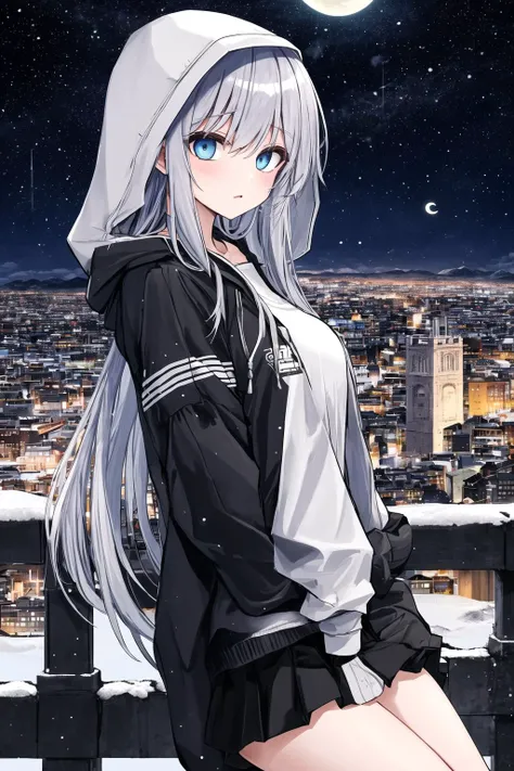 star_(sky), starry_sky, rating:safe, night_sky, night, shooting_star, sky, 1girl, building, skyscraper, cityscape, space, tower, cloud, planet, constellation, city_lights, snowing, city, snow, long_hair, milky_way, solo, moon, clock_tower, twilight, starry_sky_print, skyline, aurora, outdoors, blue_eyes, earth_(planet), crescent_moon, castle, galaxy, cloudy_sky, hood, looking_at_viewer, lamppost, light_particles, town, very_long_hair, bridge, bangs, long_sleeves, full_moon, scenery, gradient_sky, hooded_jacket, ruins, black_skirt, jacket, ferris_wheel, skirt, sunrise, hood_down, silver_hair, sleeves_past_wrists, open_clothes, mountain