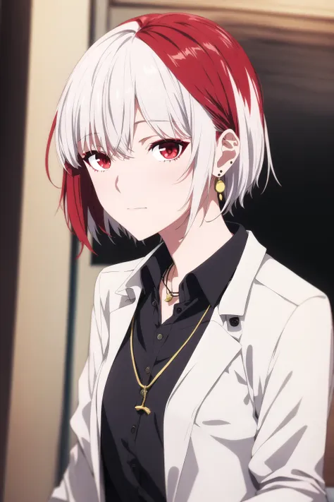 <lora:takt op destiny style:0.5>, takt style, 1girl, white hair, short bobcut, red hair, red eyes, earrings, necklace, hair over shoulder, upperbody, white shirt, jacket,