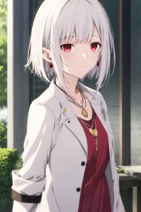 <lora:takt op destiny style:0.5>, takt style, 1girl, white hair, short bobcut, red hair, red eyes, earrings, necklace, hair over shoulder, upperbody, white shirt, jacket,