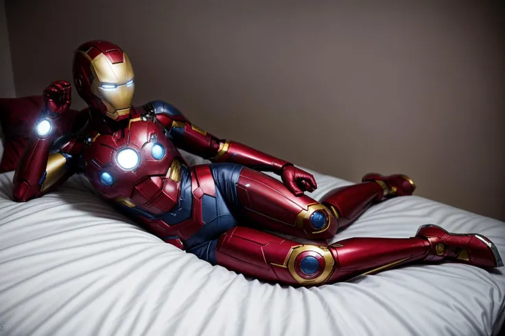 Marvel s,full body,photo of a 18 year old girl,ironman,lying on bed,happy,looking at viewer,blue eyes,pillow,ray tracing,detail shadow,shot on Fujifilm X-T4,85mm f1.2,sharp focus,depth of field,blurry background,bokeh,<lora:add_detail:1>,