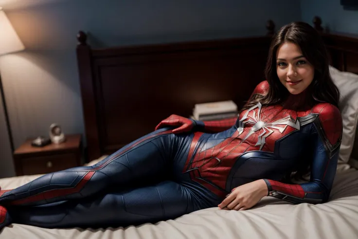 Marvel s,full body,photo of a 18 year old girl,spiderman,lying on bed,seductive smile,ray tracing,detail shadow,shot on Fujifilm X-T4,85mm f1.2,sharp focus,depth of field,blurry background,bokeh,<lora:add_detail:1>,