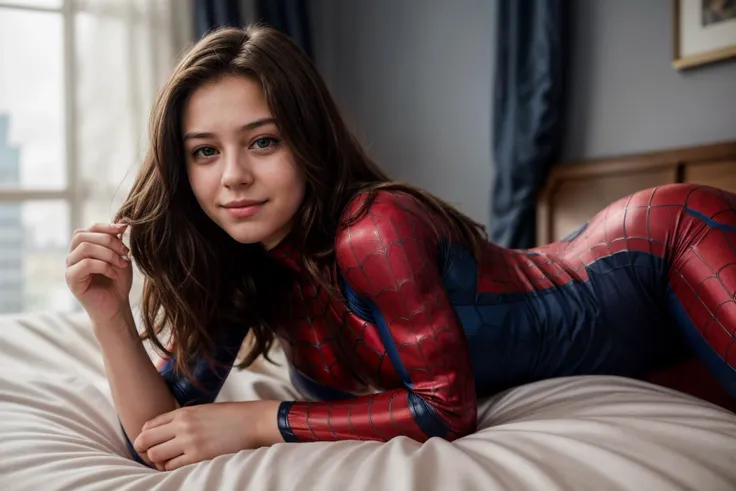 marvel movies,photo of a 18 year old girl,spiderman,happy,lying,on stomach,on bed,ray tracing,detail shadow,shot on Fujifilm X-T4,85mm f1.2,sharp focus,depth of field,blurry background,blurry foreground,bokeh,lens flare,motion blur,<lora:add_detail:1>,