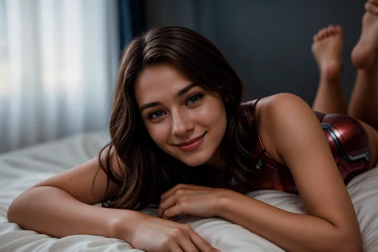 Marvel movies,photo of a 18 year old girl,ironman,lying on bed,on stomach,happy,laughing,ray tracing,detail shadow,shot on Fujifilm X-T4,85mm f1.2,depth of field,blurry background,bokeh,motion blur,<lora:add_detail:1>,