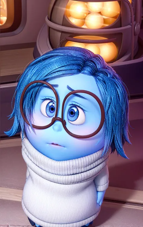 masterpiece, best quality, (Sadness_InsideOut , white turtleneck, black-framed eyewear,  glasses, sadness ),   colored glowing spheres, pixar, cartoon, 3d render, sfw, <lora:Sadness_InsideOutv1:0.9>