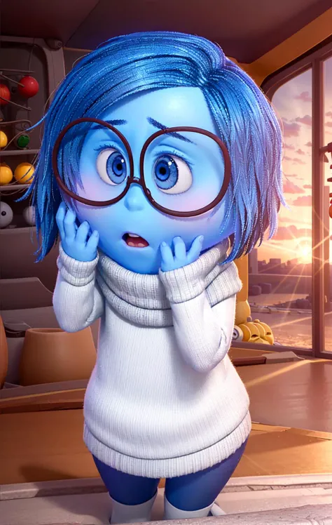 masterpiece, best quality, (Sadness_InsideOut , white turtleneck, black-framed eyewear, glasses, fear), pixar, cartoon, 3d render, sfw, <lora:Sadness_InsideOutv1:0.9>
