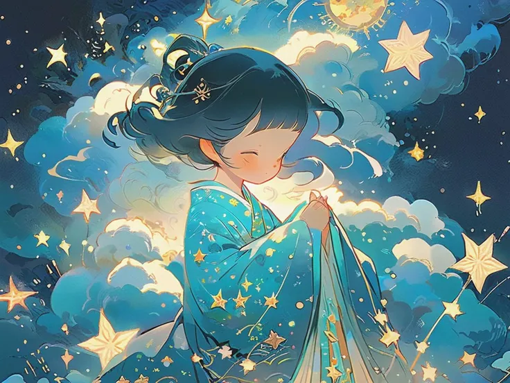 guofeng,1girl,Surrounded by glowing stars,beautiful,High detailed,Hyper quality,traditional clothes,rich elements,High precision,Rich details,illustration,(style of Victo Ngai:0.2),(clouds:0.6),<lora:Vcu;SDXL:0.8>,(style of yoneyama mai:0.4),<lora:star:0.6>,star,starlight,