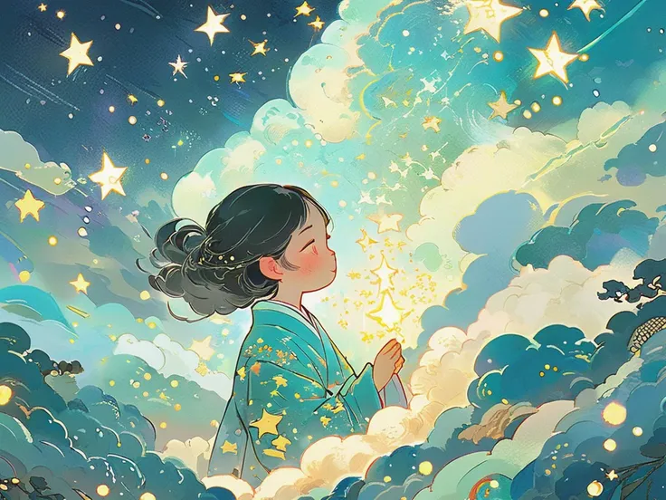 guofeng,1girl,Surrounded by glowing stars,beautiful,High detailed,Hyper quality,traditional clothes,rich elements,High precision,Rich details,illustration,(style of Victo Ngai:0.2),(clouds:0.6),<lora:Vcu;SDXL:0.8>,(style of yoneyama mai:0.4),<lora:star:0.6>,star,starlight,look at view,