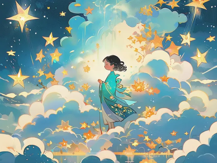 guofeng,1girl,Surrounded by glowing stars,beautiful,High detailed,Hyper quality,clouds,traditional clothes,rich elements,High precision,UHD,16k,Rich details,illustration,(style of Victo Ngai:0.2),<lora:Vcu;SDXL:0.8>,(style of yoneyama mai:0.4),<lora:star:0.6>,star,starlight,