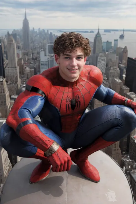 squatting on top of empire state building roof, looking up, muscular typerson, curly hair, <lora:ty_epoch_6:0.8>, <lora:Spider-Man Costume_v1:0.8> wearing a spider-man costume, nomask, nomask, heroic, smirk