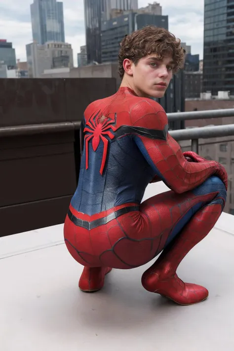 looking back, squatting on city rooftop edge, typerson, curly hair, <lora:ty_epoch_6:0.8>, <lora:Spider-Man Costume_v1:0.8> wearing a spider-man costume, nomask, spider-man costume, nomask,