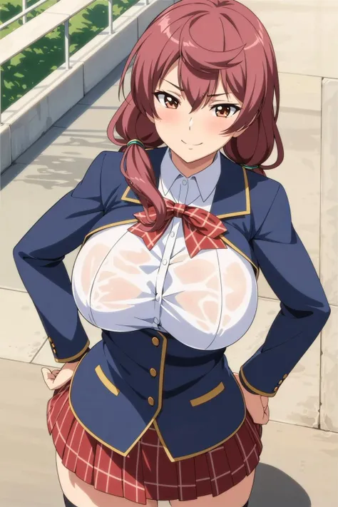 1girl, solo, (large breasts:1.3), hands on hips, cowboy shot, shinohara_katsumi_uniform, long hair, low twintails, blush, smile, furrowed brow, skirt, thighhighs, brown eyes, school uniform, pink hair, street <lora:ShinoharaKatsumiSpoconLoraV1:0.7>