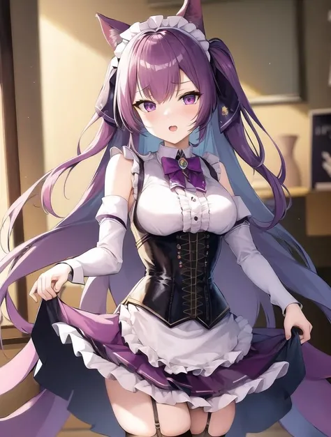 masterpiece, best quality, 1girl, elly, purple hair, maid, animal ears, skirt, thighhighs, corset, detached sleeves <lora:elly:0.7>