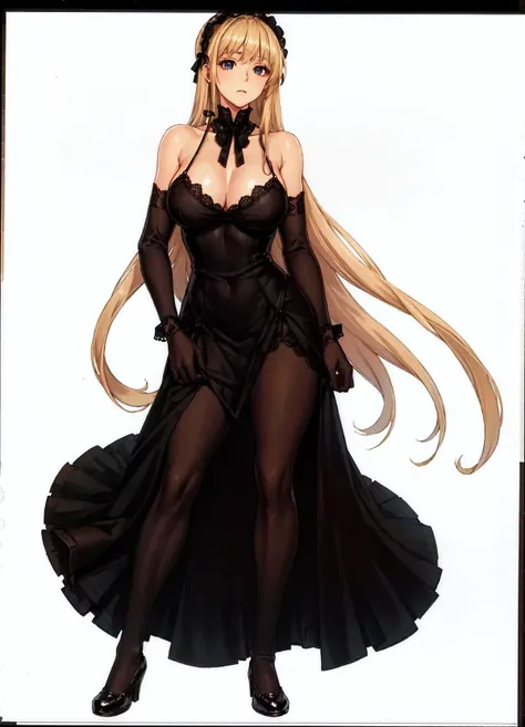 masterpiece, best quality, 1girl, simple background, (white background:1.5),
young_lady,blonde hair, French,long hair,black_bonnet,black long dress, ribbon-trimmed dress,black lacegloves,
<lora:junfake:0.5>