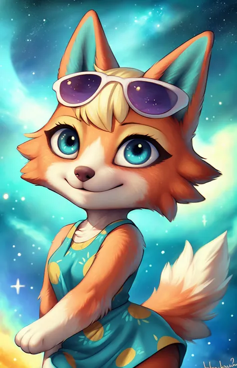 wolf,orange fur, white fur,space, stars, happy, smile, looking at viewer, honoy hioshiru personalami,tail,blue ears, portrait, posing, nebula,anthro, blue eyes, dress,solo,((animal crossing)), chibi,sunglasses
<lora:audie:1>