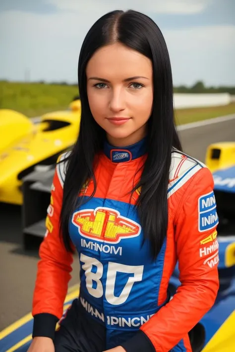 A stunning intricate full color portrait of a woman,wearing a race driver outfit, racing car in background, having fun, epic character composition,by ilya kuvshinov, alessio albi, nina masic,sharp focus, natural lighting, subsurface scattering, f2, 35mm, film grain, half body shot  <lora:SashaRosev1:0.8>