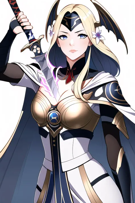 Highly detailed, High Quality, Masterpiece, beautiful, (Booba Sword:1.2), sword, holding sword, <lora:BoobaSword:1>, 1girl, solo, upper body, electricity, seiros, head wings, white cape, gold armor, forehead protector, yellow hair, hair flowers, gauntlets, white dress, <lora:Char_FireEmblem_Rhea:0.8>, cleavage