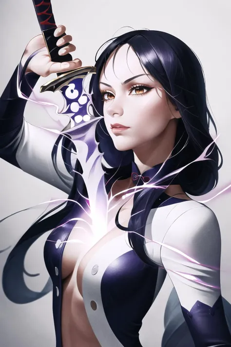 Highly detailed, High Quality, Masterpiece, beautiful, (Booba Sword:1.2), sword, holding sword, <lora:BoobaSword:1>, 1girl, solo, upper body, electricity, Merlin7DS, <lora:Char_7DS_Merlin:0.9>