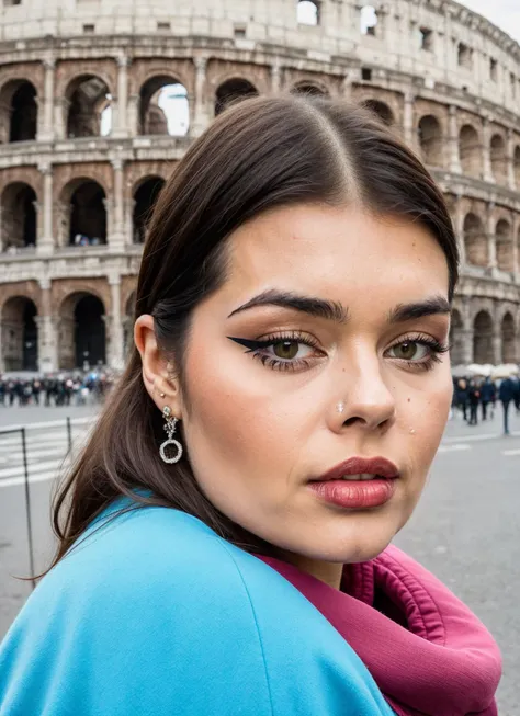 portrait of sks woman in rome, in front of coloseum, by Flora Borsi, style by Flora Borsi, bold, bright colours, ((Flora Borsi)), by Gerda Taro, <lora:locon_patrycjamolczanow_v1_from_v1_64_32:1>