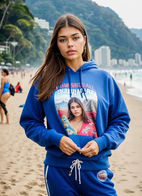A stunning intricate full color portrait of (sks woman:1) in Rio de Janeiro, on Copacabana Beach, wearing Sweatshirt and joggers, epic character composition, sharp focus, natural lighting, subsurface scattering, f2, 35mm, film grain, , by Gregory Crewdson, <lora:locon_patrycjamolczanow_v1_from_v1_64_32:1>