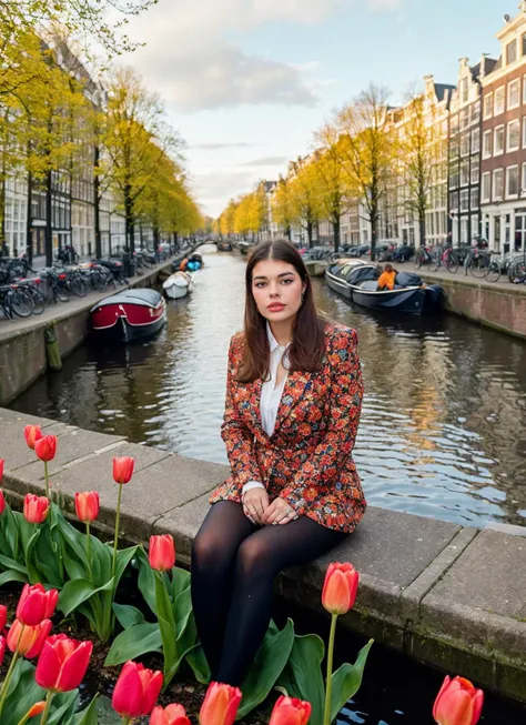 portrait of sks woman in Amsterdam, by the canals with tulips in the foreground, by Flora Borsi, style by Flora Borsi, bold, bright colours, ((Flora Borsi)), by Jimmy Nelson, <lora:locon_patrycjamolczanow_v1_from_v1_64_32:1>