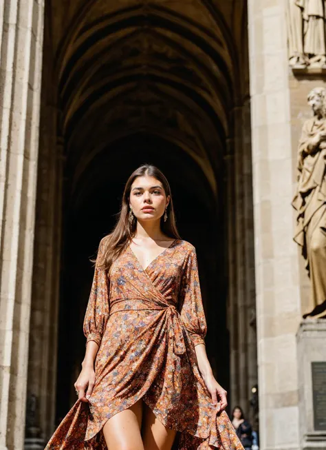 A stunning intricate full color portrait of (sks woman:1) in Florence, at the Duomo di Firenze, wearing Wrap dress, epic character composition, sharp focus, natural lighting, subsurface scattering, f2, 35mm, film grain, , by Tim Walker, <lora:locon_patrycjamolczanow_v1_from_v1_64_32:1>