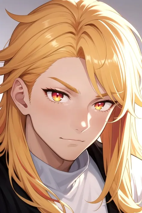 Masterpiece, best quality, highres, male focus, looking at the viewer, amused expression, wearing a comfy fluffy sweater, multicolored hair, blonde hair, long hair, orange streaks, magenta streaks, 1boy, ringed eyes, yellow eyes, red pupils, side view 
head tilted up, adams apple, upper body,  <lora:csorin:0.6>