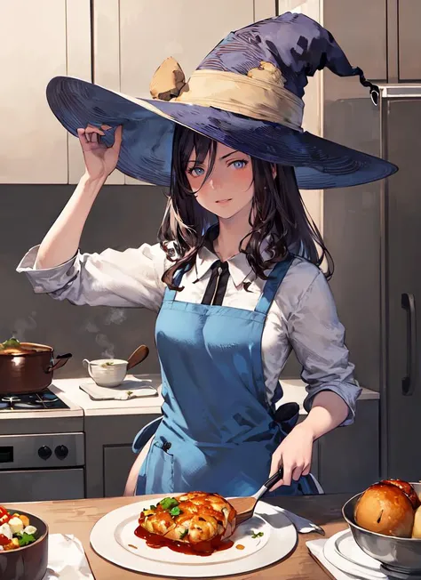 ((best quality)), ((highly detailed)), masterpiece, absurdres, detailed face, beautiful face, (detailed eyes, deep eyes), (1girl), straight-on, dynamic pose, full body, witch, witch hat, wand, (inside, at a kitchen, apron, cooking food), <lora:Yoshida_Akihiko_style_v01:1>