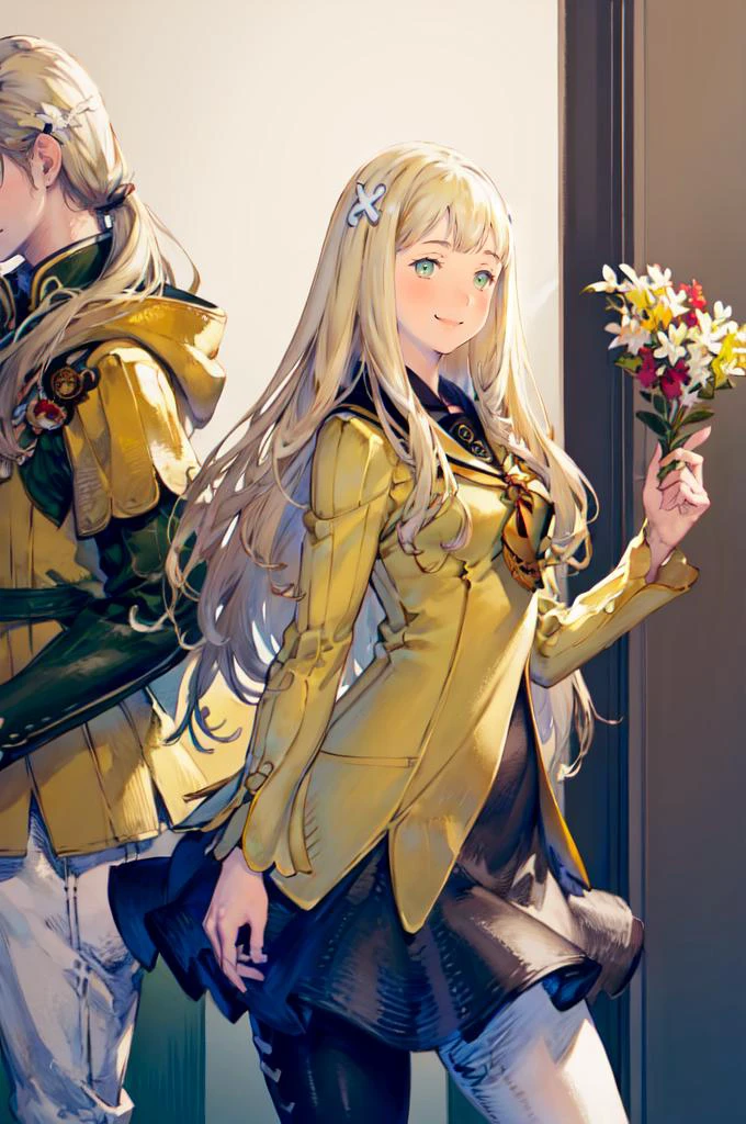 smile, holding food, lots of food, <lora:zs_Rei:1> reipq, green eyes, blonde hair, very long hair, hair ornament, yellow uniform, grey skirt, white pantyhose, cowboy shot, <lora:Yoshida_Akihiko_style_v01:1>, absurdres, ultra detailed, masterpiece, best quality, aesthetic, detailed,